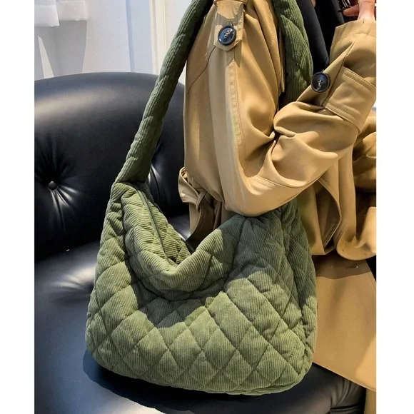 Luxe Quilted Corduroy Puffer Messenger Shoulder Crossbody Travel Bag - Picture 10 of 12